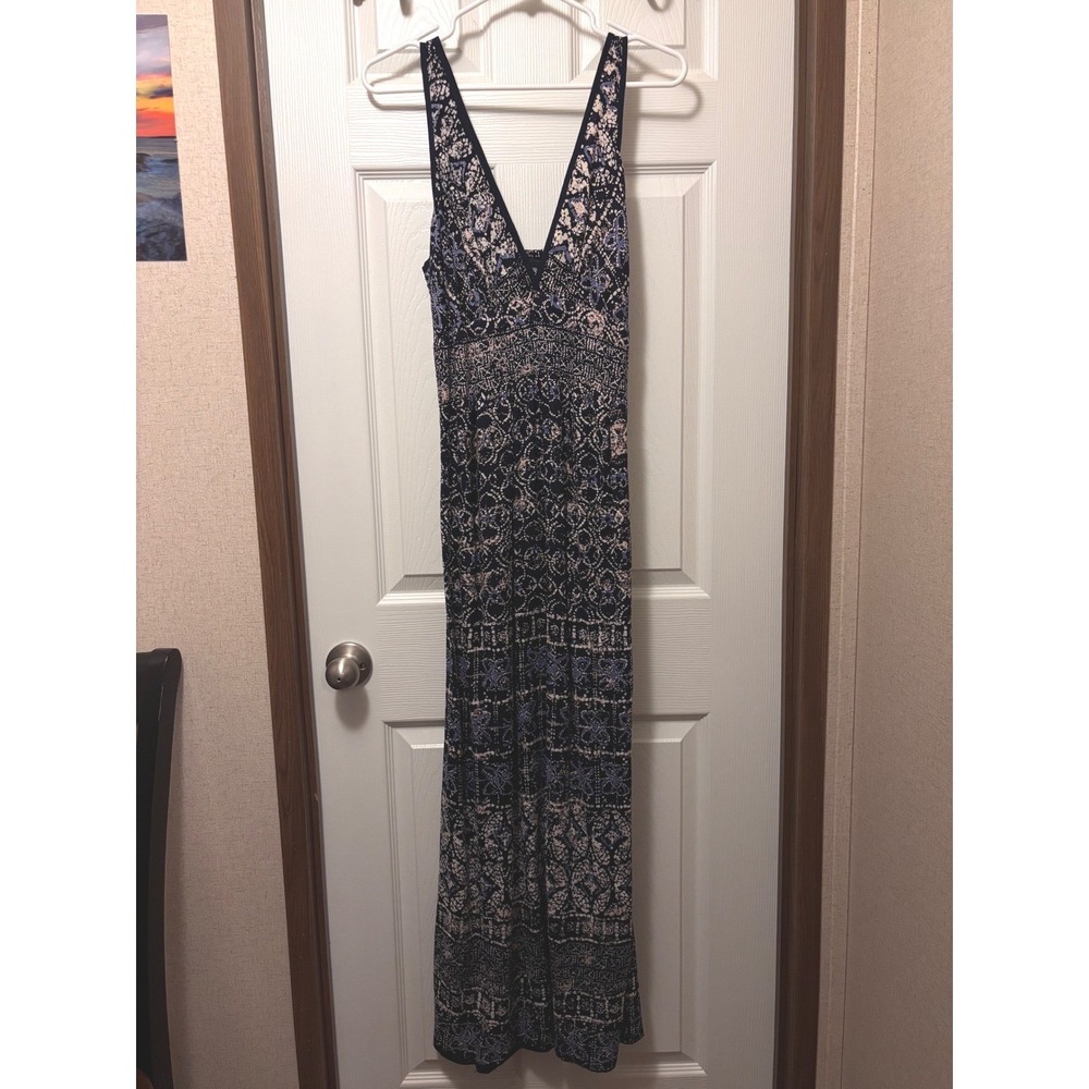 Angie Navy Blue Boho Geometric Print Smocked Waist V-Neck Maxi Dress Medium